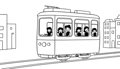 Dessin au trait simple d'un tramway coloré en mouvement dans une ville avec des passagers dans les fenêtres, comme dans un color panel.