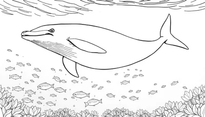 Un grand dauphin nageant dans l'océan, avec de petits poissons et des plantes aquatiques en dessous, le tout dans un dessin au trait simple.