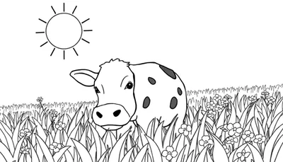 Un dessin au trait noir et blanc d'une vache tachetée dans un champ avec des fleurs et un soleil, style coloriage.