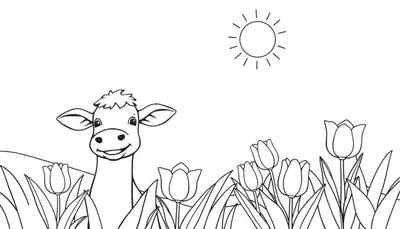 Une vache souriante dans un pré avec des tulipes et un soleil, un dessin de coloriage pour enfants.