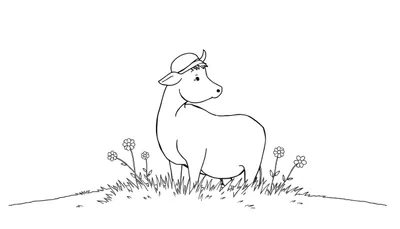 Dessin au trait d'une vache portant un chapeau dans l'herbe avec des fleurs, regardant vers la droite.