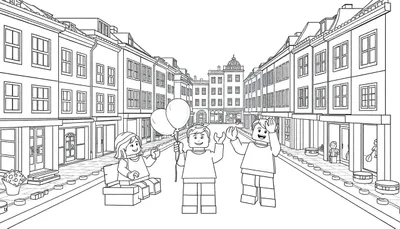 Une illustration en noir et blanc de style bande dessinée d'une rue européenne avec des personnages Lego souriants et un color panel.