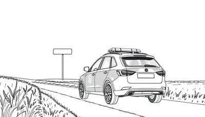 Une voiture de police dessinée, vue de l'arrière, sur une route de campagne bordée d'herbes hautes, avec un panneau de signalisation vide sur la gauche.