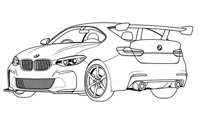 Dessin au trait noir et blanc d'une voiture de sport BMW vue de face et de trois quarts, prête à être coloriée avec un grand aileron arrière et des détails stylisés. Le dessin est sur un fond blanc, le texte « Color Panel » est présent.