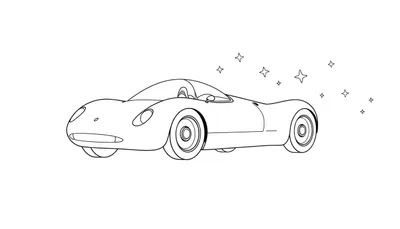 Une voiture de sport dessinée en noir et blanc, entourée d'étoiles, avec des lignes rapides.