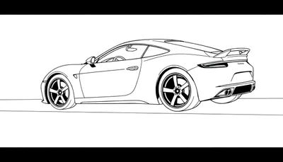 Dessin au trait d'une voiture de sport rouge vif vue de l'arrière, avec un grand aileron et des roues élégantes, prête à être coloriée sur un color panel.