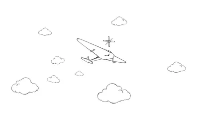 Un avion monochrome avec une hélice vole à travers des nuages dessinés.