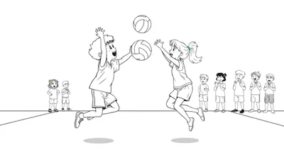 Dessin au trait en noir et blanc d'enfants jouant au volley-ball, avec des sauts et des ballons en l'air, sur un color panel.