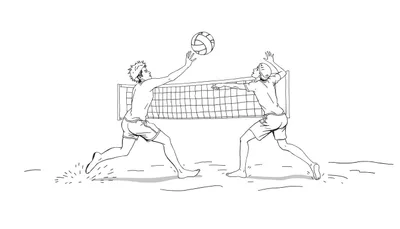Deux enfants jouant au beach-volley, l'un frappant le ballon et l'autre bloquant.