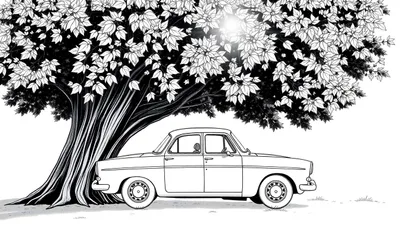 Une voiture classique Volvo garée sous un arbre en noir et blanc, avec un color panel prêt à être peint.