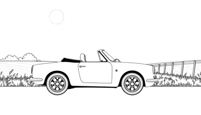 Une voiture décapotable blanche dessinée avec des lignes noires sur une route de campagne, prête à être coloriée.