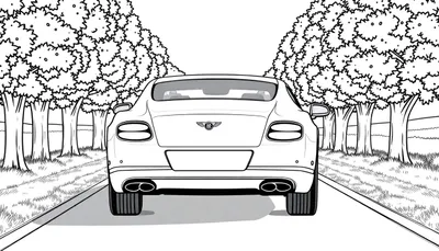 Voiture Bentley Continental GT blanche à colorier vue de l'arrière sur une route ombragée.