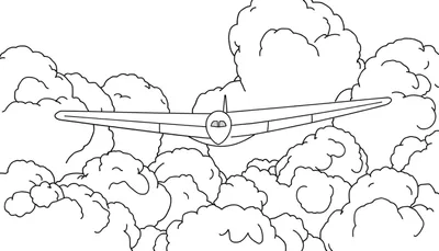 Dessin au trait d'un avion stylisé volant à travers des nuages.