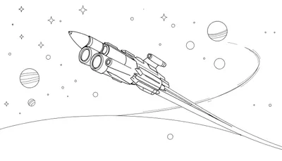 Dessin au trait d'un vaisseau spatial aux réacteurs jumeaux et aux ailes, traversant un ciel étoilé avec des planètes et une courbe de trajectoire. Un color panel est visible.