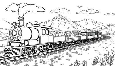 Un train à vapeur dessiné en noir et blanc traverse un paysage de montagnes et de campagne avec des nuages, un oiseau et une maison au loin. Le train a de la fumée qui sort de sa cheminée.