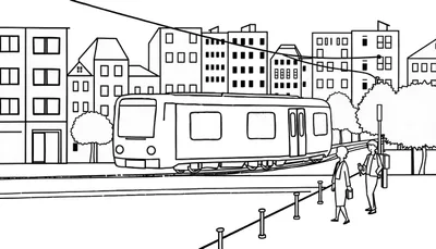 Illustration noir et blanc d'une ville avec un tramway et des personnes attendant à un arrêt, style dessin au trait, avec des éléments de color panel.