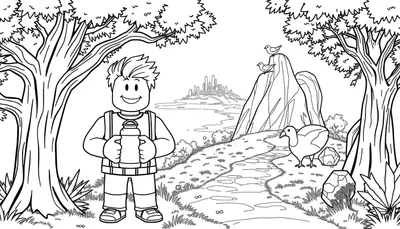 Un personnage de type Roblox tenant une bouteille, marchant sur un chemin bordé d'arbres vers une ville futuriste, avec des oiseaux perchés sur une montagne. Un panneau coloré est visible.