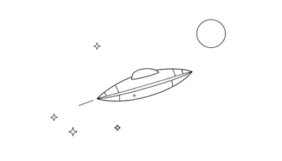 Un OVNI en noir et blanc navigue dans l'espace près d'un cercle lumineux et d'étoiles.