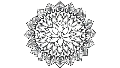 Mandala noir et blanc complexe avec des motifs floraux répétitifs.