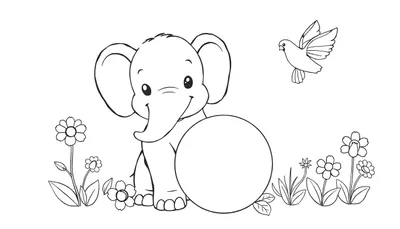 Dessin au trait noir et blanc d'un éléphant de dessin animé joyeux dans un champ de fleurs avec un oiseau volant, prêt pour un color panel.