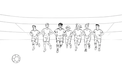Une équipe de football colorée prend la pose avec un ballon dans un stade, un color panel d'inspiration.