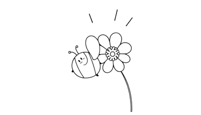 Dessin au trait d'une abeille joyeuse près d'une fleur, prêt pour le coloriage dans le color panel.