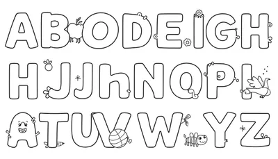 Un panneau à colorier avec un alphabet illustré en noir et blanc.