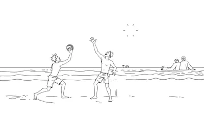 Deux enfants colorient une plage ensoleillée avec des joueurs de volley-ball, un color panel.