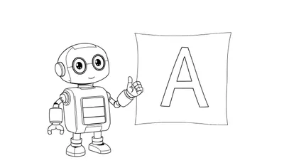 Un robot souriant avec des lunettes rondes lève le pouce, à côté d'un grand carré avec la lettre A, sur un color panel.
