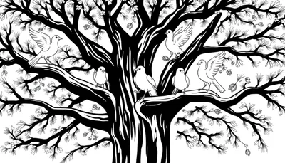 Dessin en noir et blanc d'un grand arbre avec des oiseaux perchés sur ses branches, conçu comme un color panel.