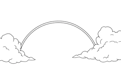Dessin en noir et blanc d'un arc-en-ciel entre deux nuages, prêt pour un color panel.