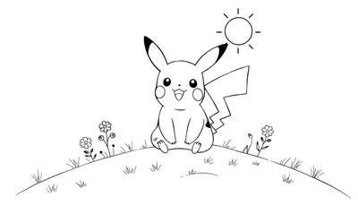 Pikachu assis sur une petite colline avec un soleil simple au-dessus, dans une assiette couleur.