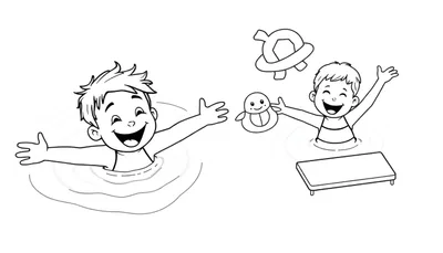 Dessin au trait en noir et blanc de deux enfants jouant joyeusement dans l'eau, avec des jouets gonflables flottants.