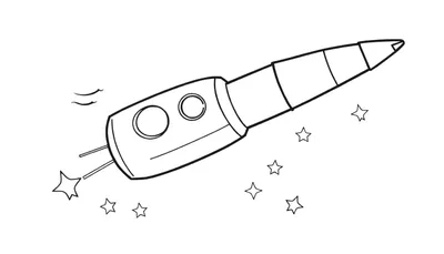 Dessin au trait d'une fusée volante dans le ciel étoilé, avec des hublots ronds, des stabilisateurs en forme d'étoiles et des traînées courbes.