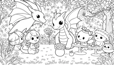 Une scène féerique avec des dragons amicaux et de petites créatures ressemblant à des fées prenant le thé dans un jardin fleuri, prêt pour le color panel.