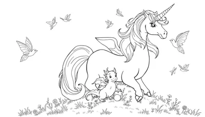 Dessin au trait d'une licorne et d'un dragon dans un champ, page à colorier.