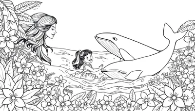 Une mère et sa fille jouent joyeusement dans l'eau avec des baleines, dans un style de livre de coloriage polynésien avec des fleurs.