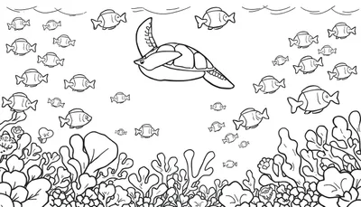 Une illustration en noir et blanc d'une tortue nageant parmi des poissons et un récif corallien, parfaite pour un color panel.