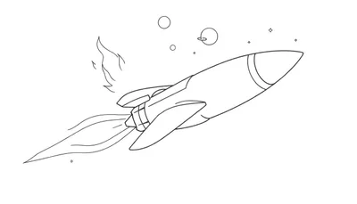 Dessin au trait d'une fusée décollant, avec des étoiles et des planètes dans le ciel. Un color panel amusant.