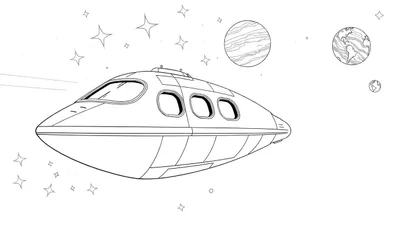 Dessin d'un vaisseau spatial stylisé en mouvement dans l'espace, entouré d'étoiles et de planètes. Color panel