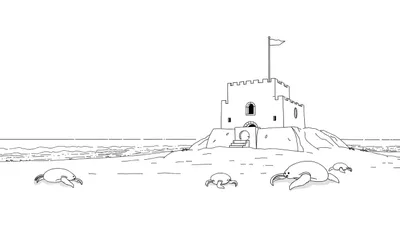 Une scène côtière dessinée à la main avec un petit château, des vagues et des créatures marines fantaisistes, prête pour un color panel.