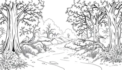 Un dessin au trait d'une forêt luxuriante avec un ruisseau et des oiseaux, un color panel animé.
