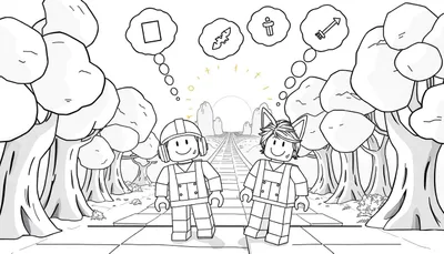 Deux personnages de style Lego, l'un avec un casque, l'autre avec des oreilles de chat, se tiennent devant un paysage avec des arbres et des montagnes. Des bulles de pensée montrent des symboles.