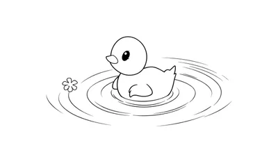Dessin au trait d'un adorable canard noir et blanc dans un étang avec une petite fleur, style color panel.