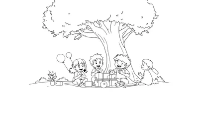 Quatre enfants jouent sous un grand arbre avec des ballons et des blocs de construction, color panel