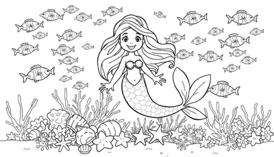 Une sirène souriante avec une queue de poisson nage dans un océan coloré, entourée de poissons, de coraux et d'herbes marines dans un color panel.