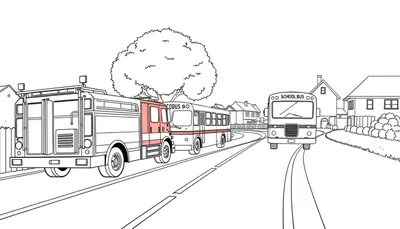 Un dessin au trait d'une rue résidentielle avec un camion de pompiers, un bus CODUS et un bus scolaire, entourés de maisons et d'arbres.