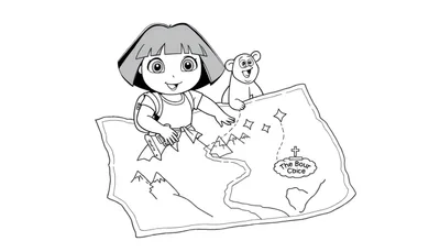 Dora l'exploratrice et Boots le singe regardent une carte pour leur prochaine aventure.
