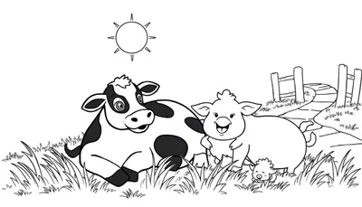 Un dessin au trait d'une ferme avec une vache, un cochon et un agneau sous un soleil, un color panel.