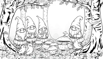 Page de coloriage d'une forêt fantaisiste avec des gnomes joyeux et des animaux mignons.